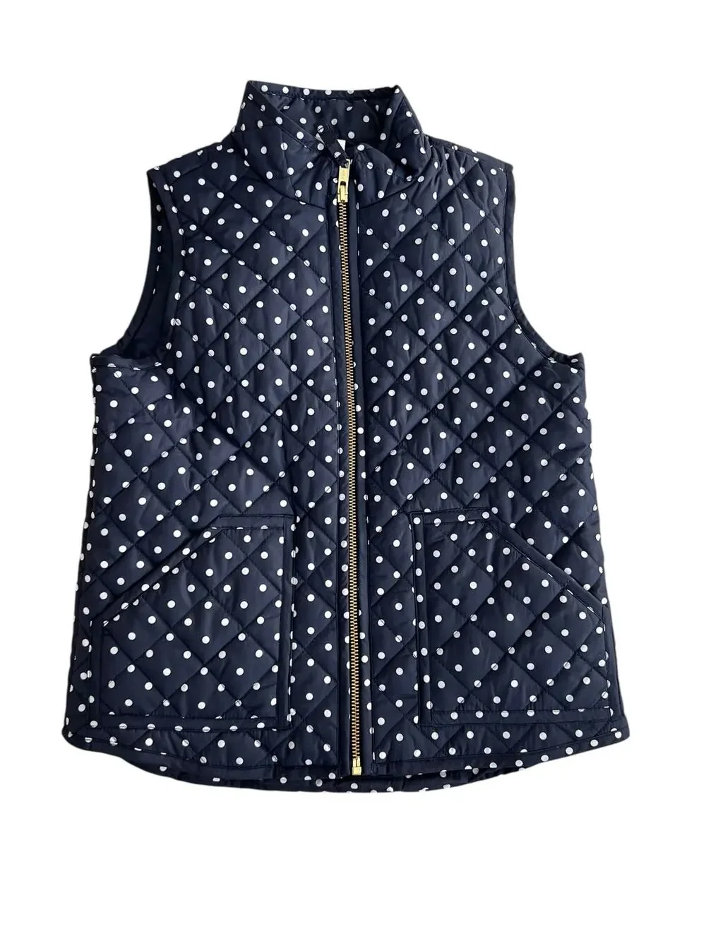Jcrew crew cuts girls puffer vest navy white polka dots. Gold zipper size 6/7